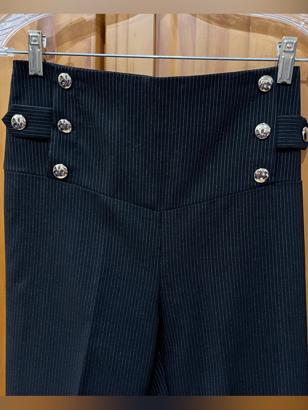 Vintage Dots Navy Pinstripe Sailor Style Pants with Decorative Silver Buttons